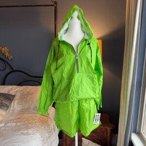 NWT Vintage 90s Chartreuse Green Rain Jacket Workout Shorts Set